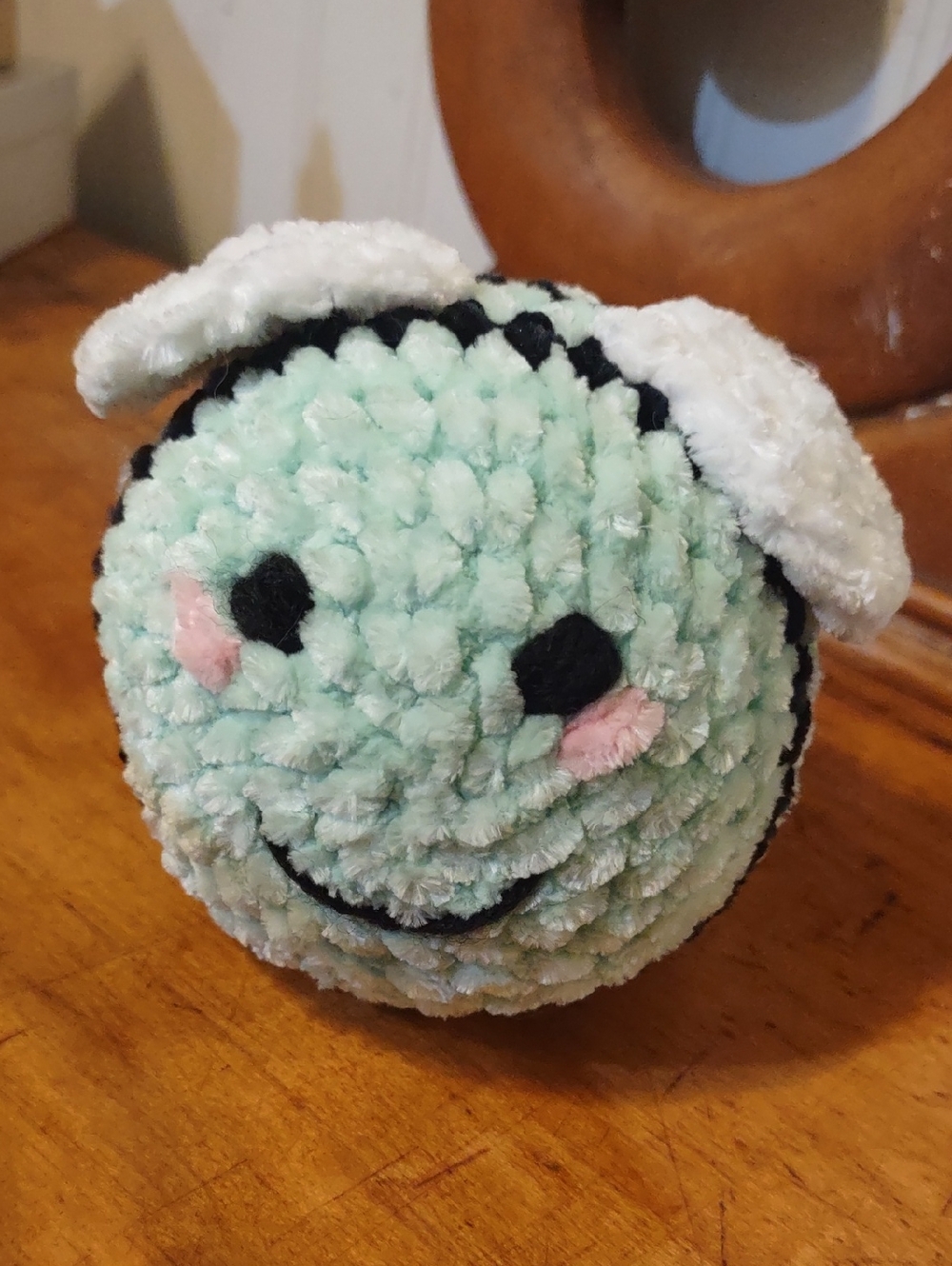 Crochet Plush Mint Smiley Blushing Bee with White Wings Black Stripes